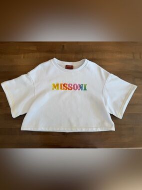 Missoni Girls' White Cropped Logo Tee with Rainbow Embroidery